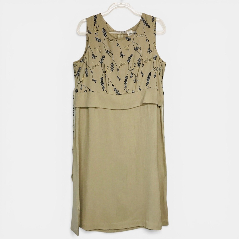Vintage Womens 14 Dragonfly Print Sleeveless Tan Midi Dress Made in USA RN 53048